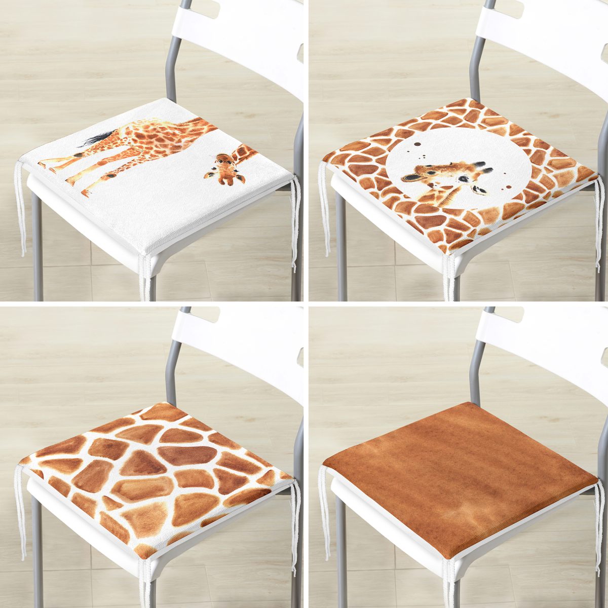 4'lü Zürafa Motifli Dijital Baskılı Fermuarlı Sandalye Minderi Seti Realhomes