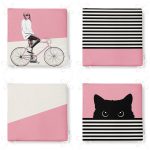 4'lü Pembe Bisikletli Adam Kedi Temalı Fermuarlı Sandalye Minderi Seti Realhomes