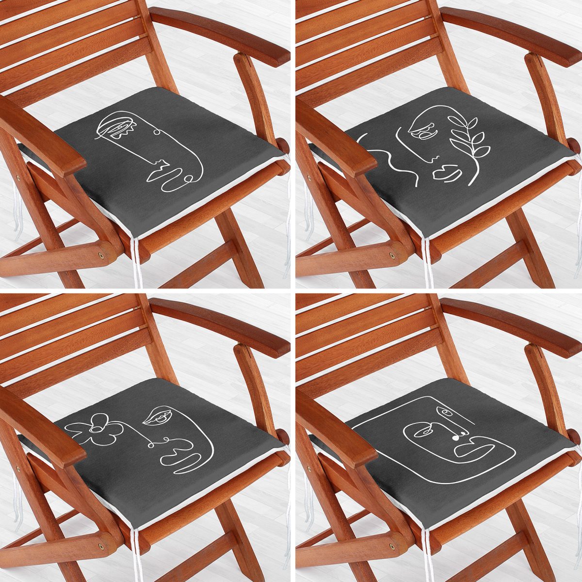 4'lü Füme Zemin Onedraw Çizimli Fermuarlı Sandalye Minderi Seti Realhomes