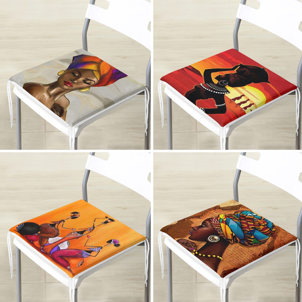4'lü Etnik Afrika Kadın Motifli Özel Tasarım Fermuarlı Sandalye Minderi Seti Realhomes
