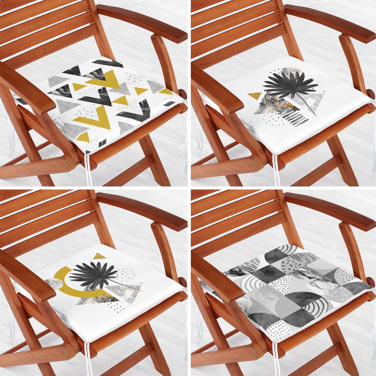 4'lü Mermer Geometrik Çizimli Özel Tasarım Fermuarlı Sandalye Minderi Seti Realhomes