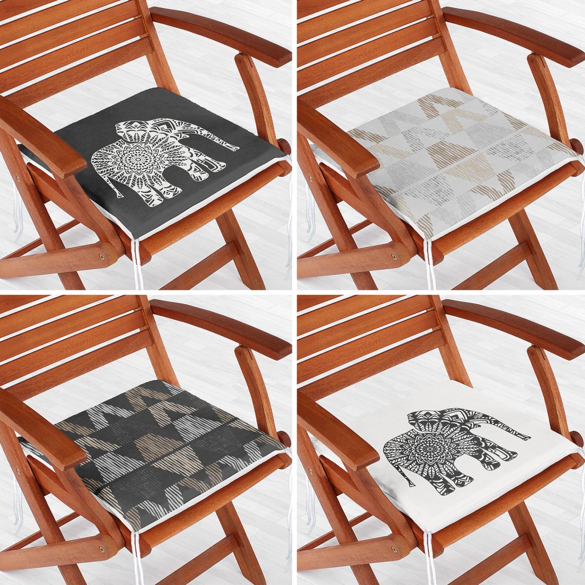 4'lü Enik Motifli Fil Tasarımlı Fermuarlı Sandalye Minderi Seti Realhomes