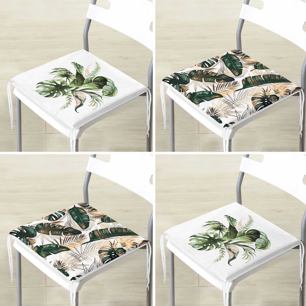 4'lü Tropik Yaprak Özel Tasarımlı Dijital Baskılı Modern Fermuarlı Sandalye Minderi Seti Realhomes