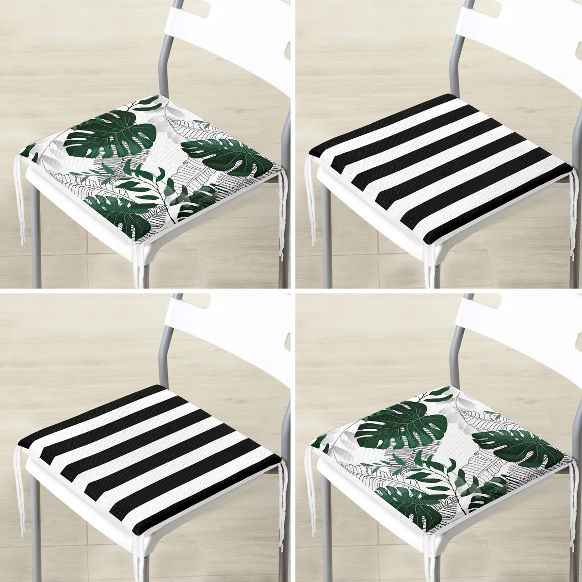 4'lü Siyah Beyaz Çizgili Tropik Yaprak Motifli Fermuarlı Sandalye Minderi Seti Realhomes