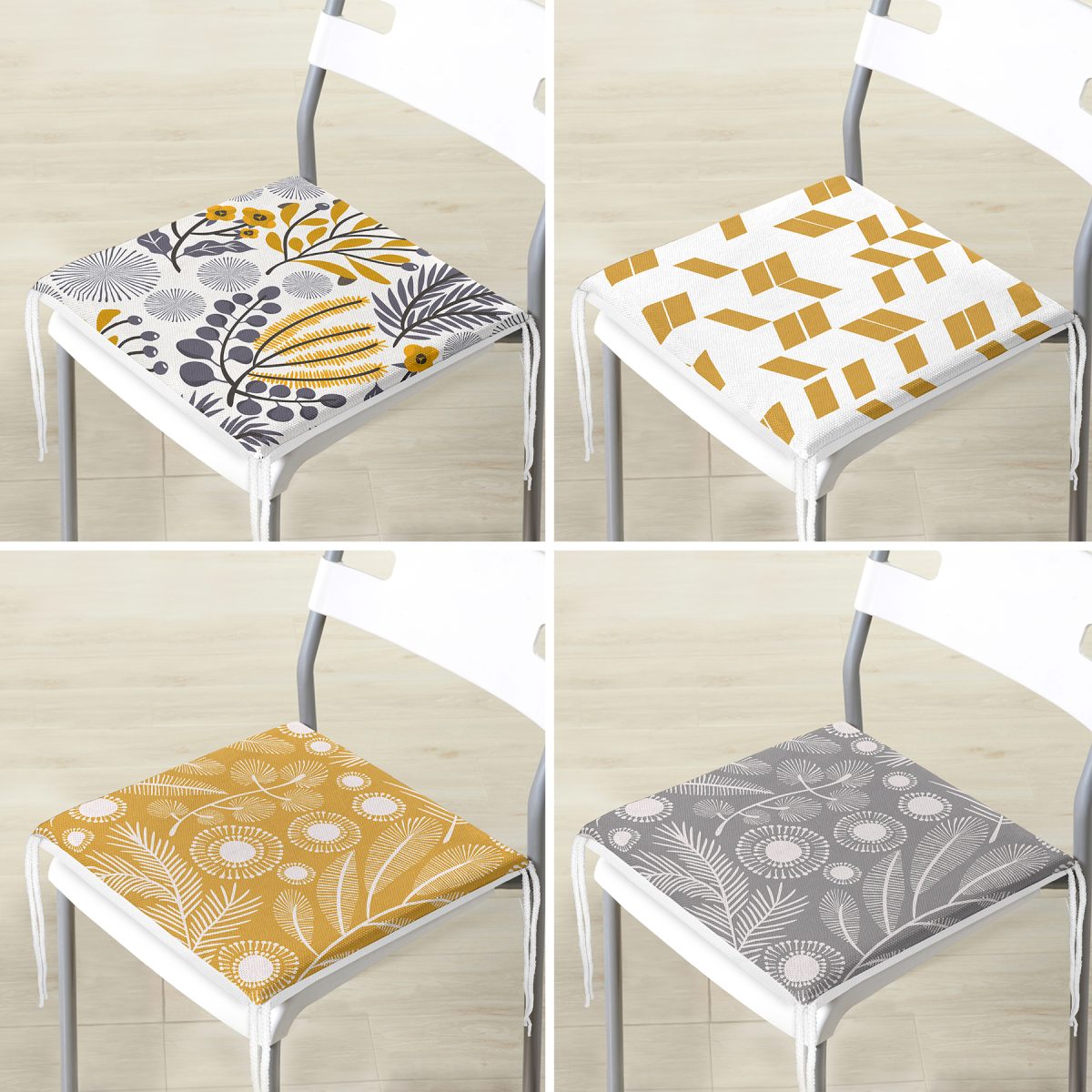 4'lü Tropik Çiçekller Soft Renk Özel Tasarım Fermuarlı Sandalye Minderi Seti Realhomes