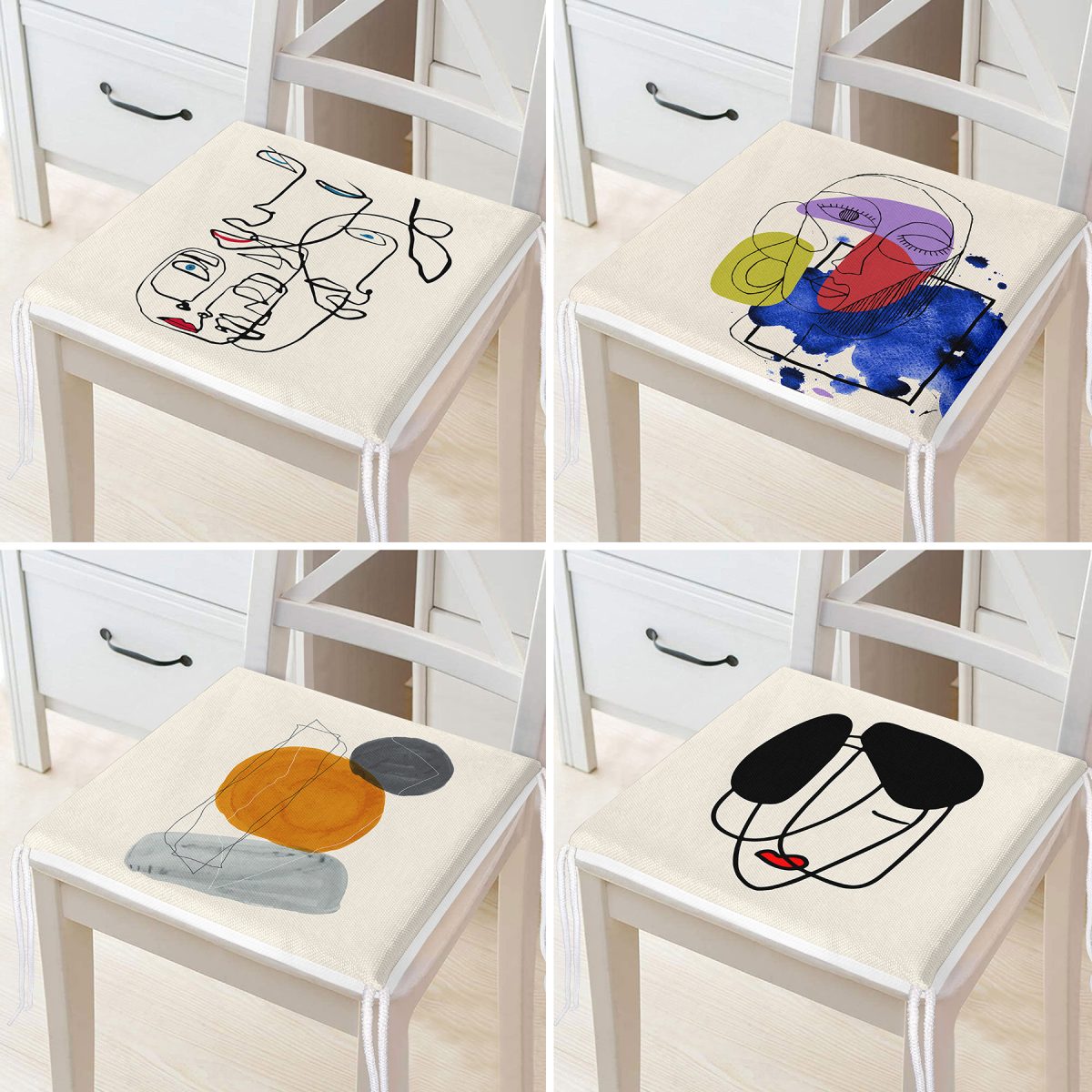 4'lü Renkli One Line Çizimli Dijital Baskılı Fermuarlı Sandalye Minderi Seti Realhomes