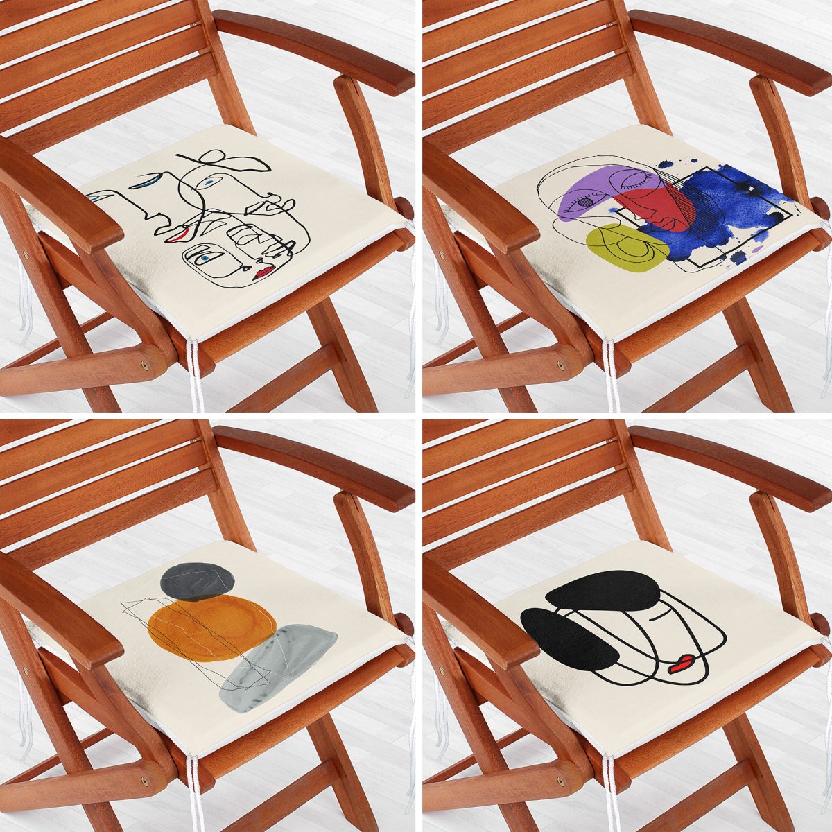 4'lü Renkli One Line Çizimli Dijital Baskılı Fermuarlı Sandalye Minderi Seti Realhomes