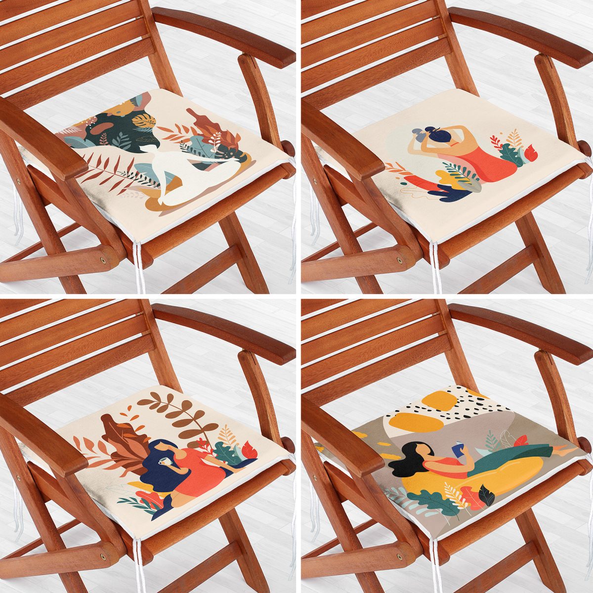 4'lü Bohem Temalı Tropik Yapraklı Kadın Tasarımlı Fermuarlı Sandalye Minderi Seti Realhomes