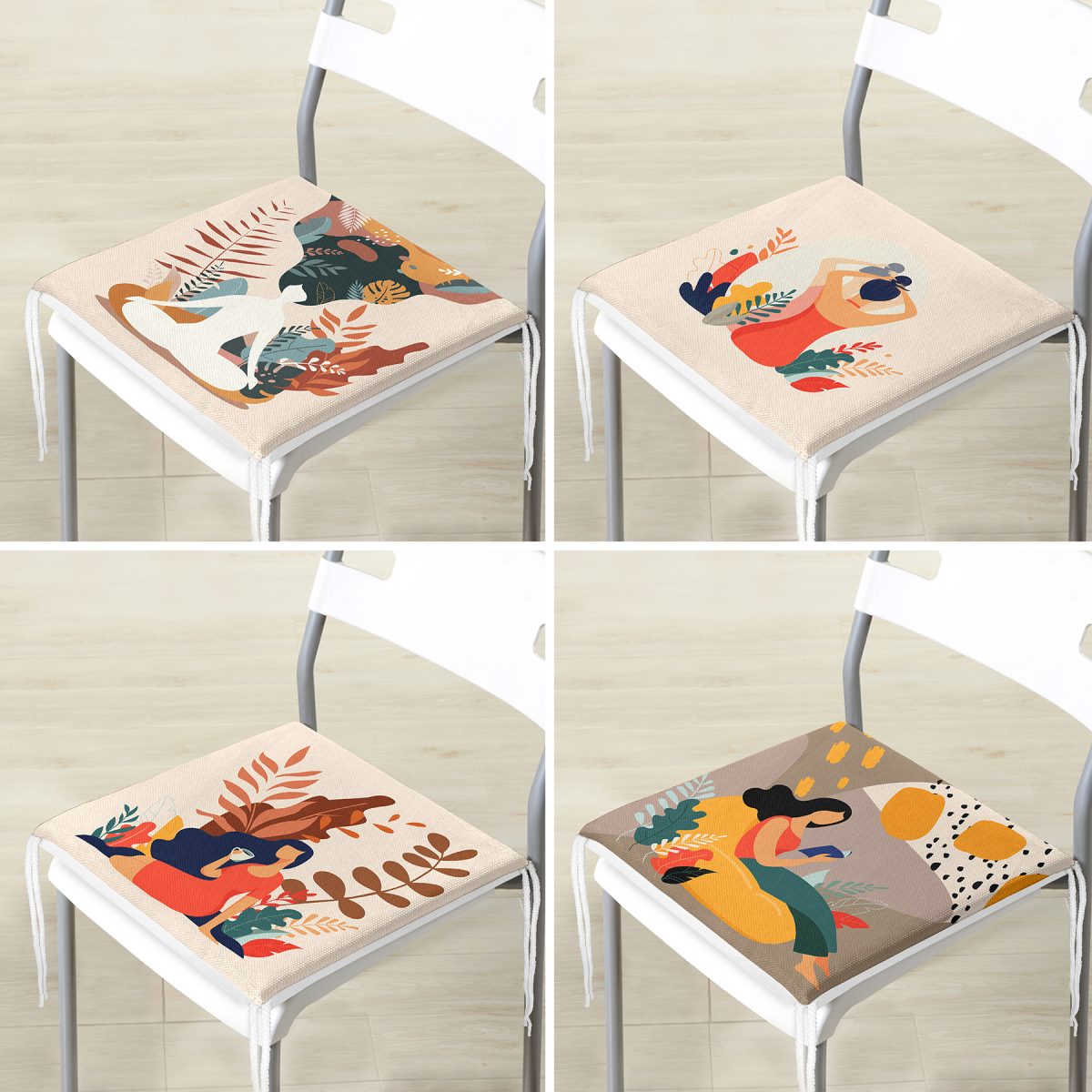 4'lü Bohem Temalı Tropik Yapraklı Kadın Tasarımlı Fermuarlı Sandalye Minderi Seti Realhomes