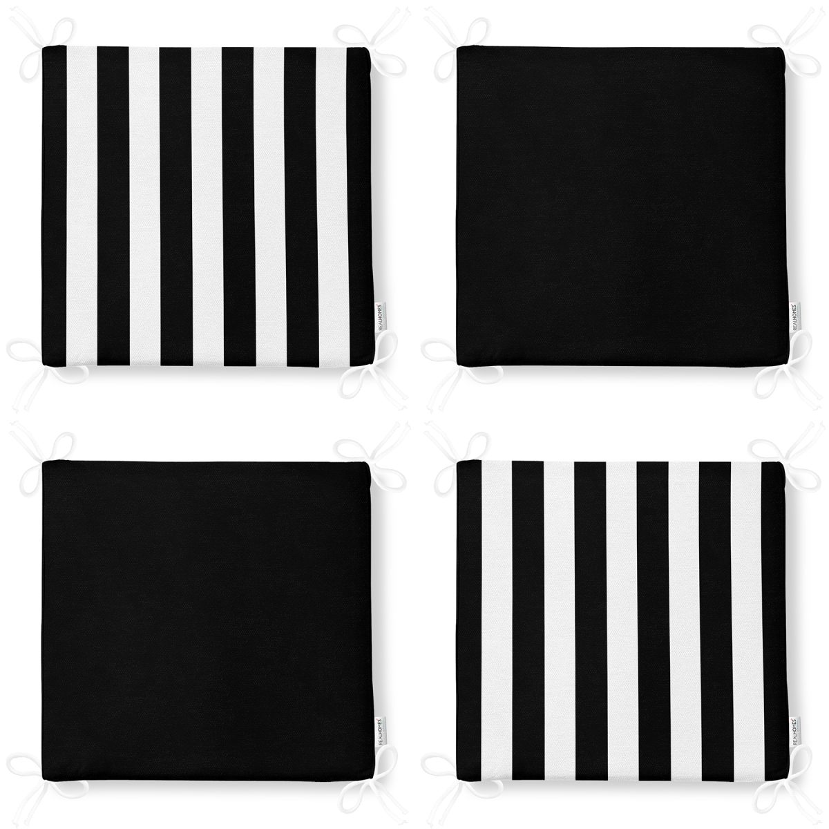 4'lü Siyah Beyaz Çizgili Düz Renk Fermuarlı Sandalye Minderi Seti Realhomes