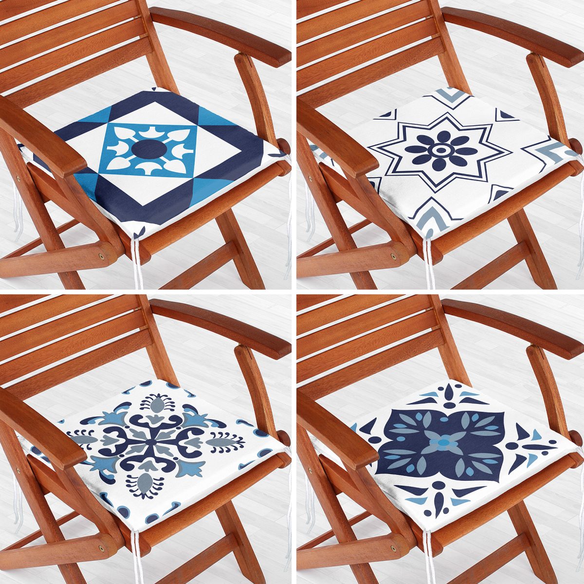 4'lü Mavi Fraktal Tasarımlı Dijital Baskılı Fermuarlı Sandalye Minderi Seti Realhomes