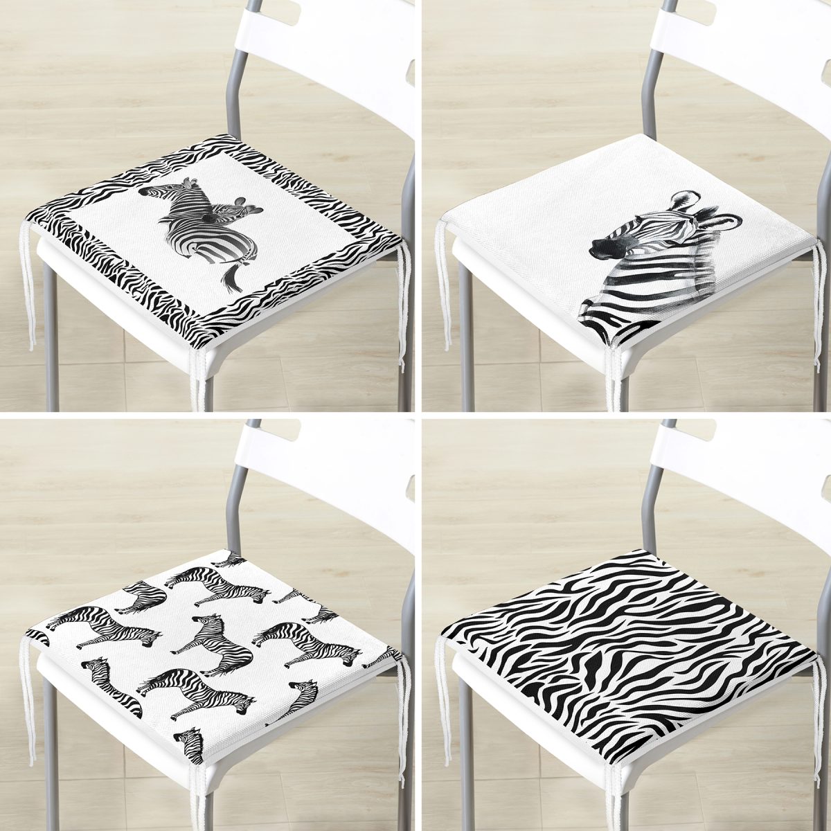 4'lü Siyah Beyaz Zebra Desen Tasarımlı Fermuarlı Sandalye Minderi Seti Realhomes