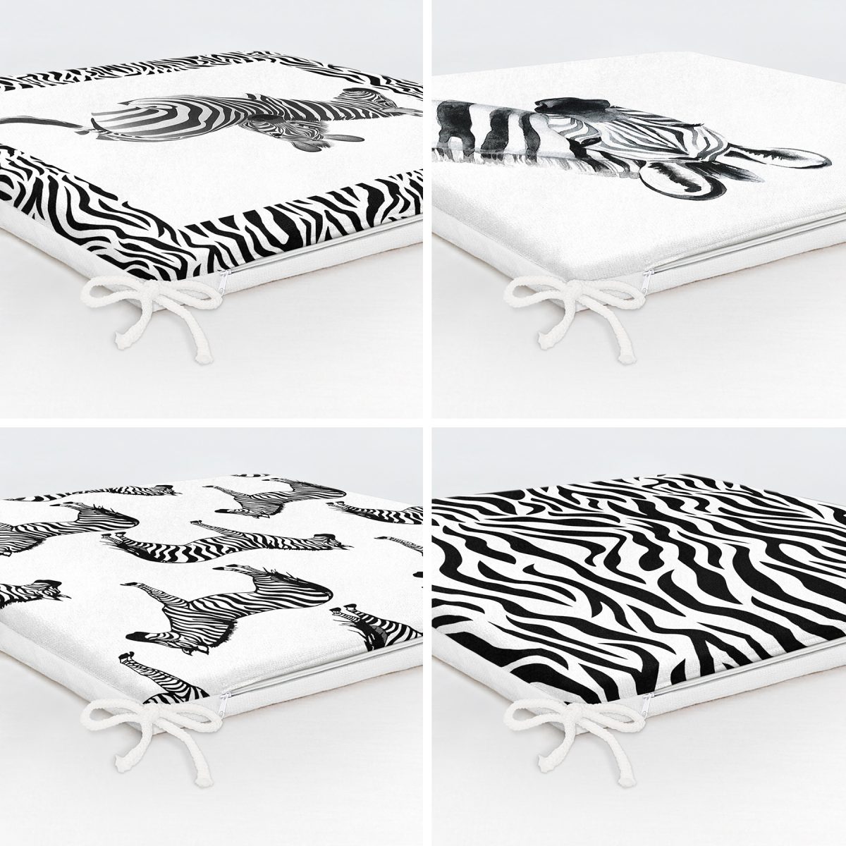 4'lü Siyah Beyaz Zebra Desen Tasarımlı Fermuarlı Sandalye Minderi Seti Realhomes