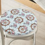 - RealHomes Yuvarlak Fermuarlı Minder - Realhomes  Mavi Çizgili Çapa & Dümen Motifli Dijital Baskılı Modern Yuvarlak Fermuarlı Sandalye Minderi Realhomes