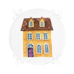 - RealHomes Yuvarlak Fermuarlı Minder - Realhomes Minyatür Sarı Ev Çizimli Dijital Baskılı Yuvarlak Fermuarlı Sandalye Minderi Realhomes