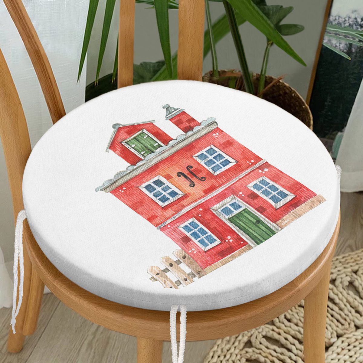 Minyatür Kırmızı Ev Çizimli Dijital Baskılı Yuvarlak Fermuarlı Sandalye Minderi Realhomes