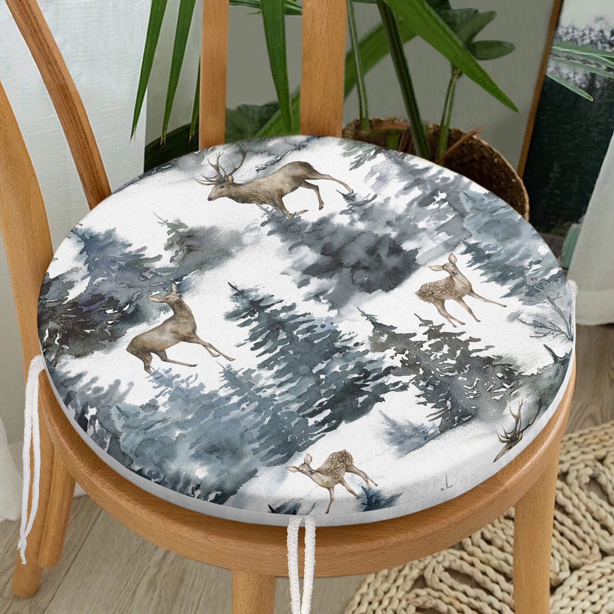 Suluboya Çam Ağacı & Geyik Tasarımlı Dijital Baskılı Modern Yuvarlak Fermuarlı Sandalye Minderi Realhomes