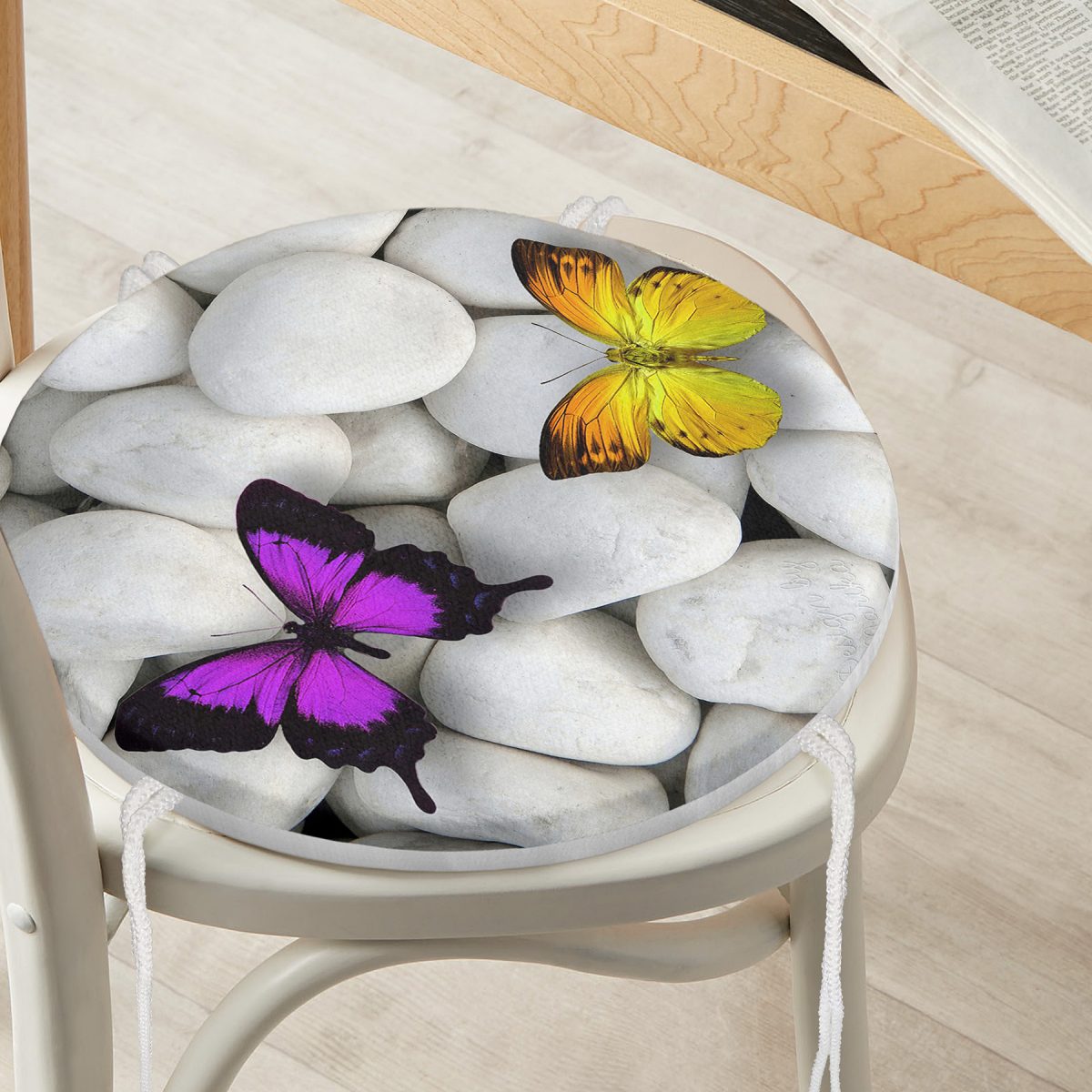 Kelebek Desenli Dijital Baskılı Yuvarlak Fermuarlı Sandalye Minderi Realhomes