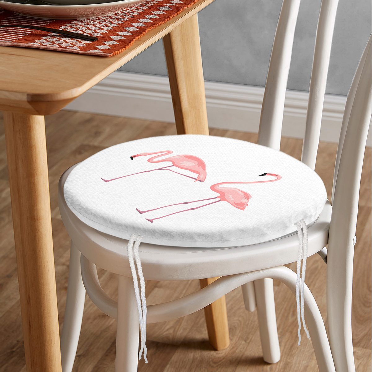 Pembe Flamingo Desenli Dijital Baskılı Yuvarlak Fermuarlı Sandalye Minderi Realhomes