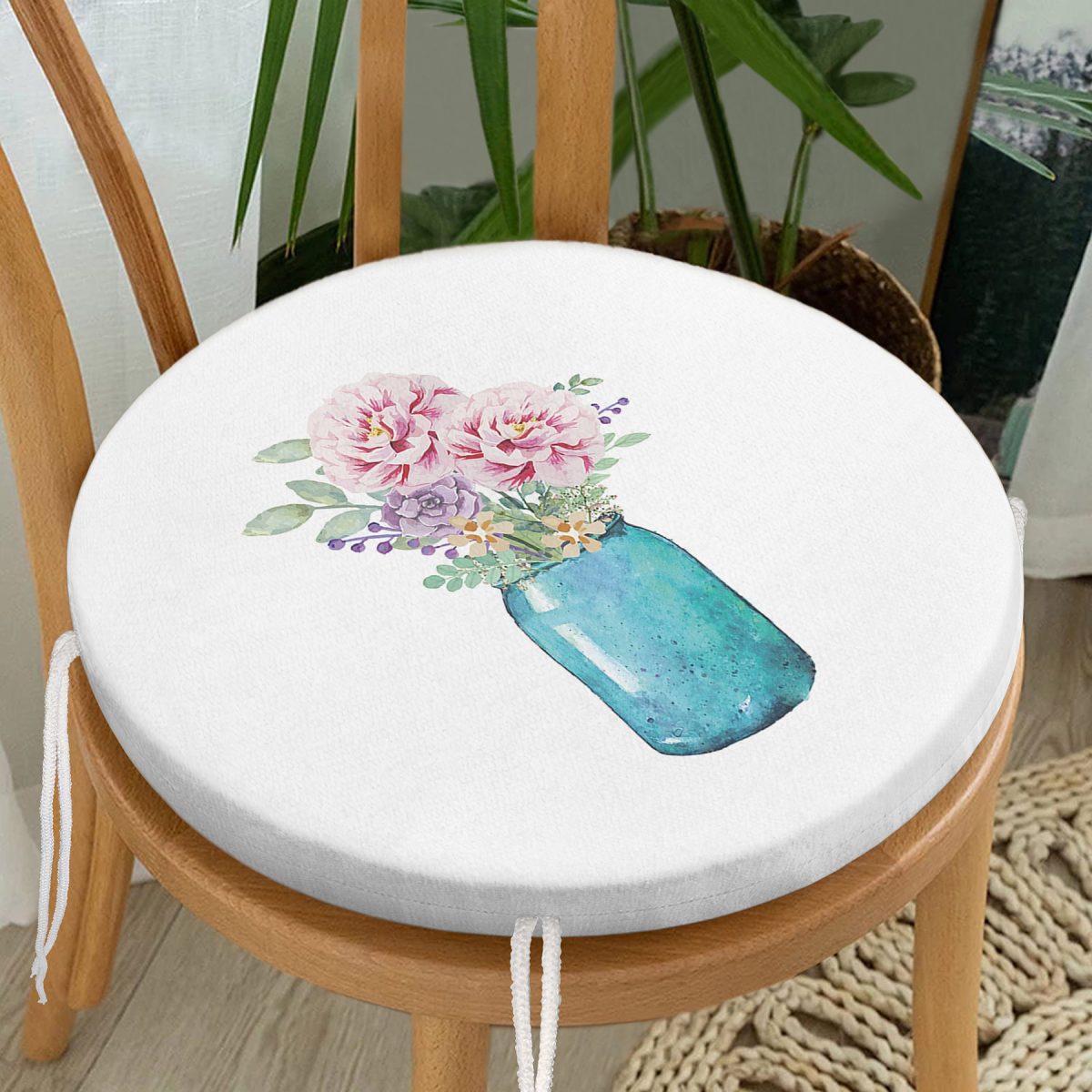 Vazo Çiçek Desenli Dijital Baskılı Yuvarlak Fermuarlı Sandalye Minderi Realhomes