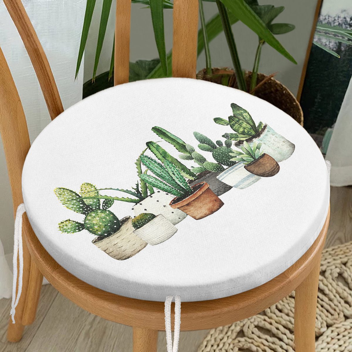 Beatiful Cactus Dijital Baskılı Yuvarlak Fermuarlı Sandalye Minderi Realhomes