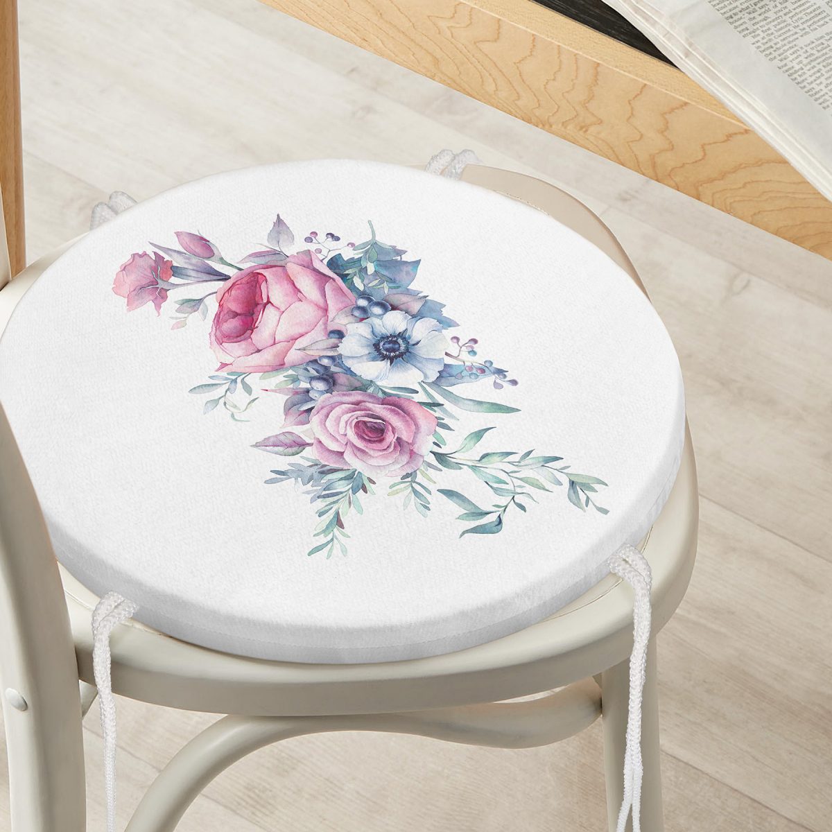 Realhomes Özel Tasarım Çiçek Desenli Dijital Baskılı Yuvarlak Fermuarlı Sandalye Minderi Realhomes