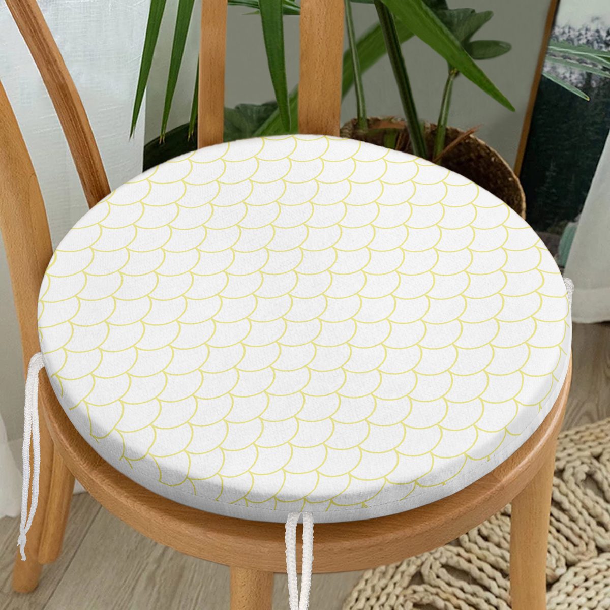 Sarı Geometrik Desenli Dijital Baskılı Modern Yuvarlak Fermuarlı Sandalye Minderi Realhomes