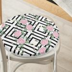 Kare Temalı Gül Çizimli Yuvarlak Fermuarlı Sandalye Minderi Realhomes