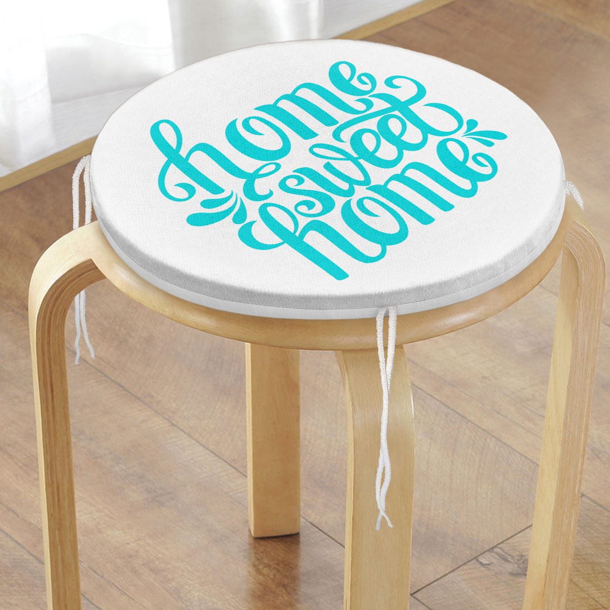 Turkuaz Home Sweet Home Dijital Baskılı Yuvarlak Fermuarlı Sandalye Minderi Realhomes