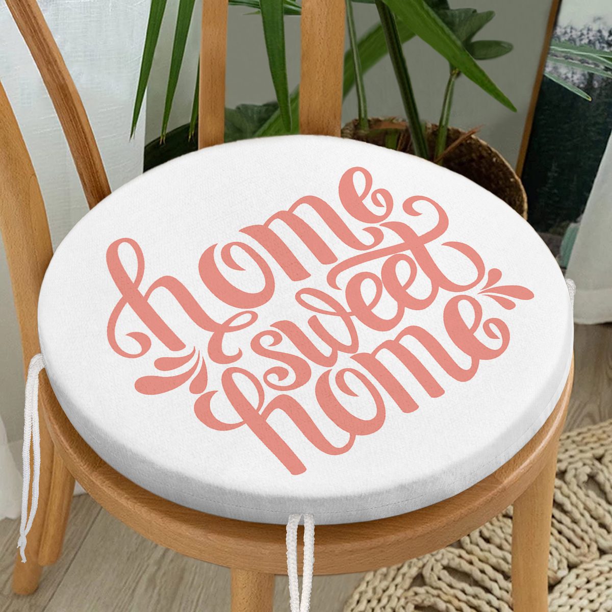Nar Renk Home Sweet Home Modern Dijital Baskılı Yuvarlak Fermuarlı Sandalye Minderi Realhomes