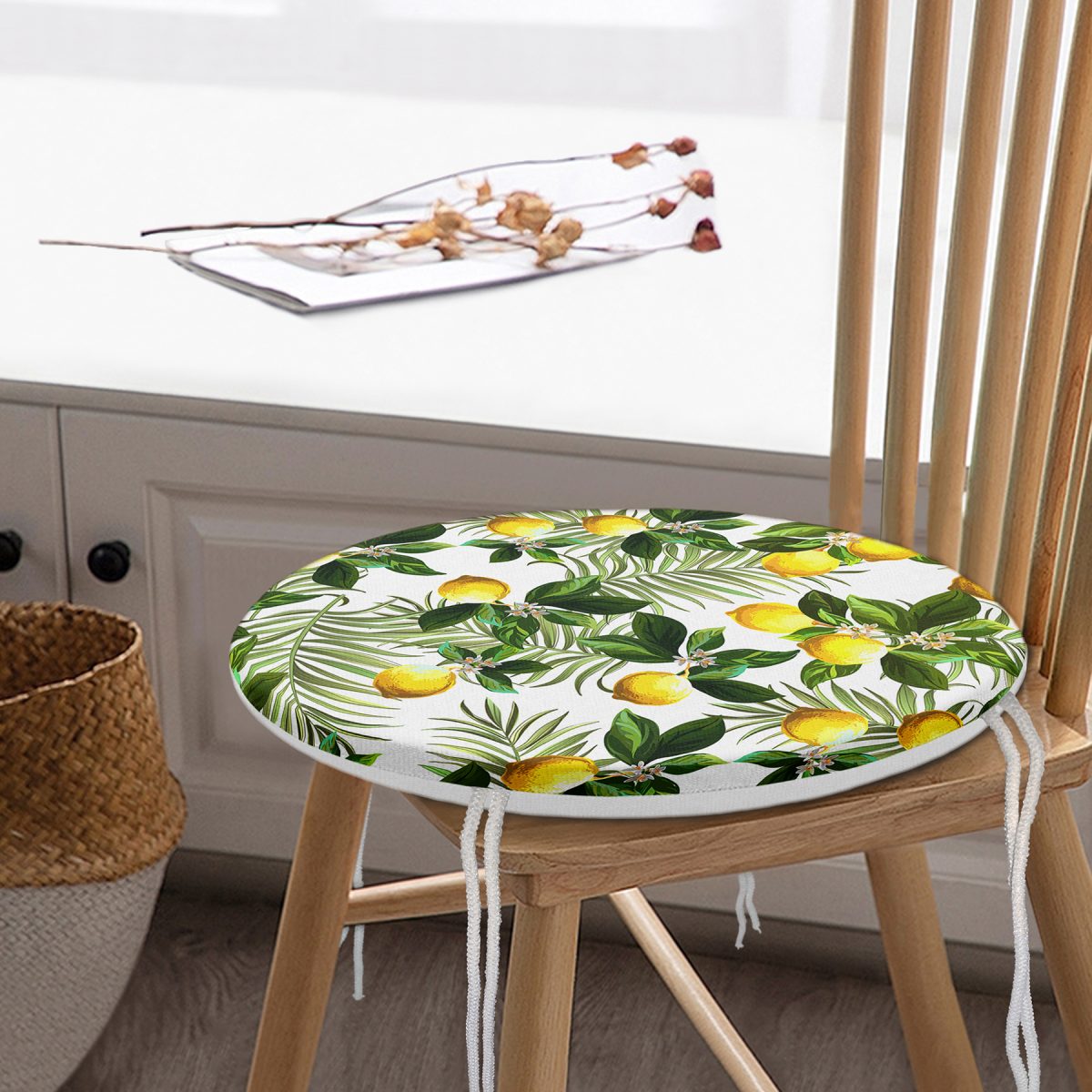 Limon Yaprakları Desenli Dijital Baskılı Yuvarlak Fermuarlı Sandalye Minderi Realhomes