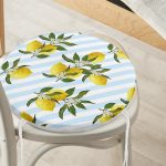 - RealHomes Yuvarlak Fermuarlı Minder - Realhomes  Mavi Çizgili Limon Desenli Dijital Baskılı Yuvarlak Fermuarlı Sandalye Minderi Realhomes