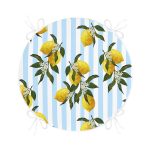 - RealHomes Yuvarlak Fermuarlı Minder - Realhomes  Mavi Çizgili Limon Desenli Dijital Baskılı Yuvarlak Fermuarlı Sandalye Minderi Realhomes