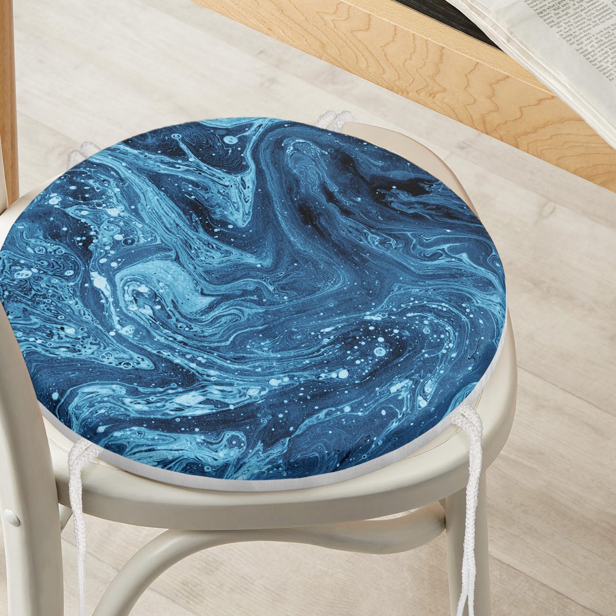Mavi Ebru Motifleri Dijital Baskılı Yuvarlak Fermuarlı Sandalye Minderi Realhomes