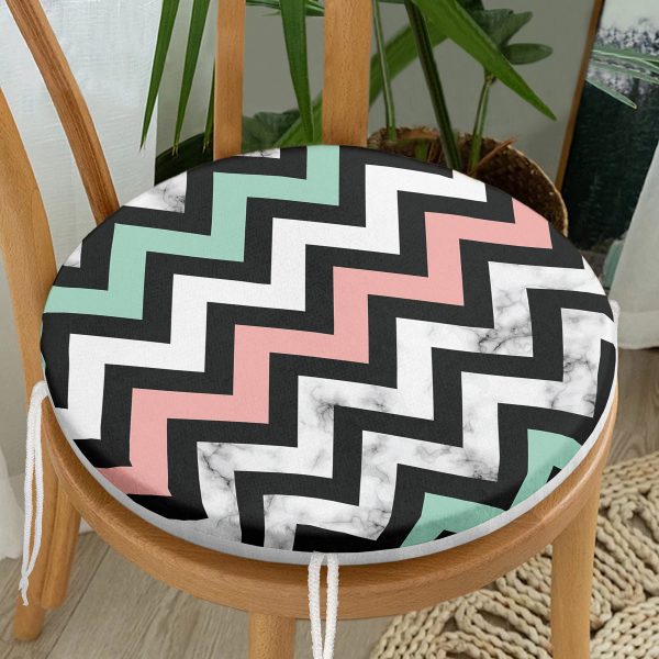 - RealHomes Yuvarlak Fermuarlı Minder - Realhomes  Mavi Ve Pembe Yaprak Çizimli Özel Tasarım Dijital Baskılı Yuvarlak Fermuarlı Sandalye Minderi Realhomes