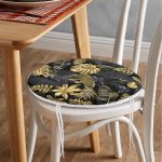 - RealHomes Yuvarlak Fermuarlı Minder - Realhomes  Siyah Zeminde Altın Yapraklar Desenli Yuvarlak Fermuarlı Sandalye Minderi Realhomes