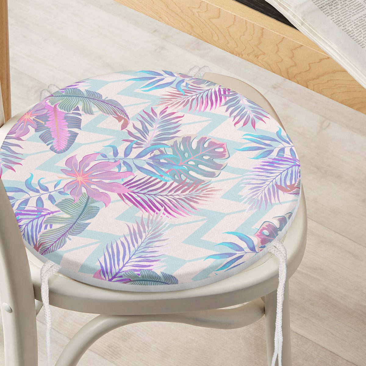 Pudra Zeminli Geometrik Palmiye Yaprakları Modern Yuvarlak Fermuarlı Sandalye Minderi Realhomes