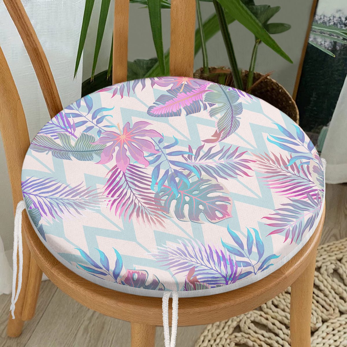 Pudra Zeminli Geometrik Palmiye Yaprakları Modern Yuvarlak Fermuarlı Sandalye Minderi Realhomes