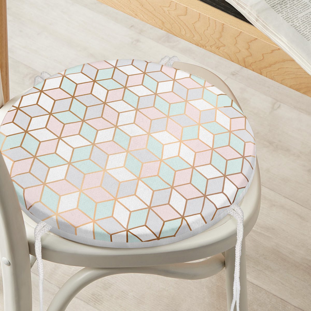 Geometrik Desenli 3D Özel Tasarımlı Modern Yuvarlak Fermuarlı Sandalye Minderi Realhomes