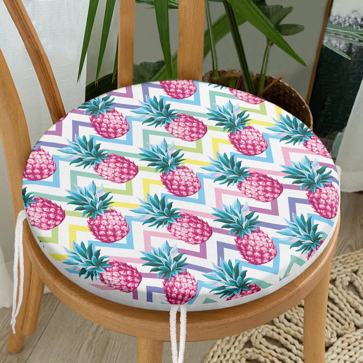 Renkli Zikzak Desenli Ananaslar Modern Tasarımlı Yuvarlak Fermuarlı Sandalye Minderi Realhomes