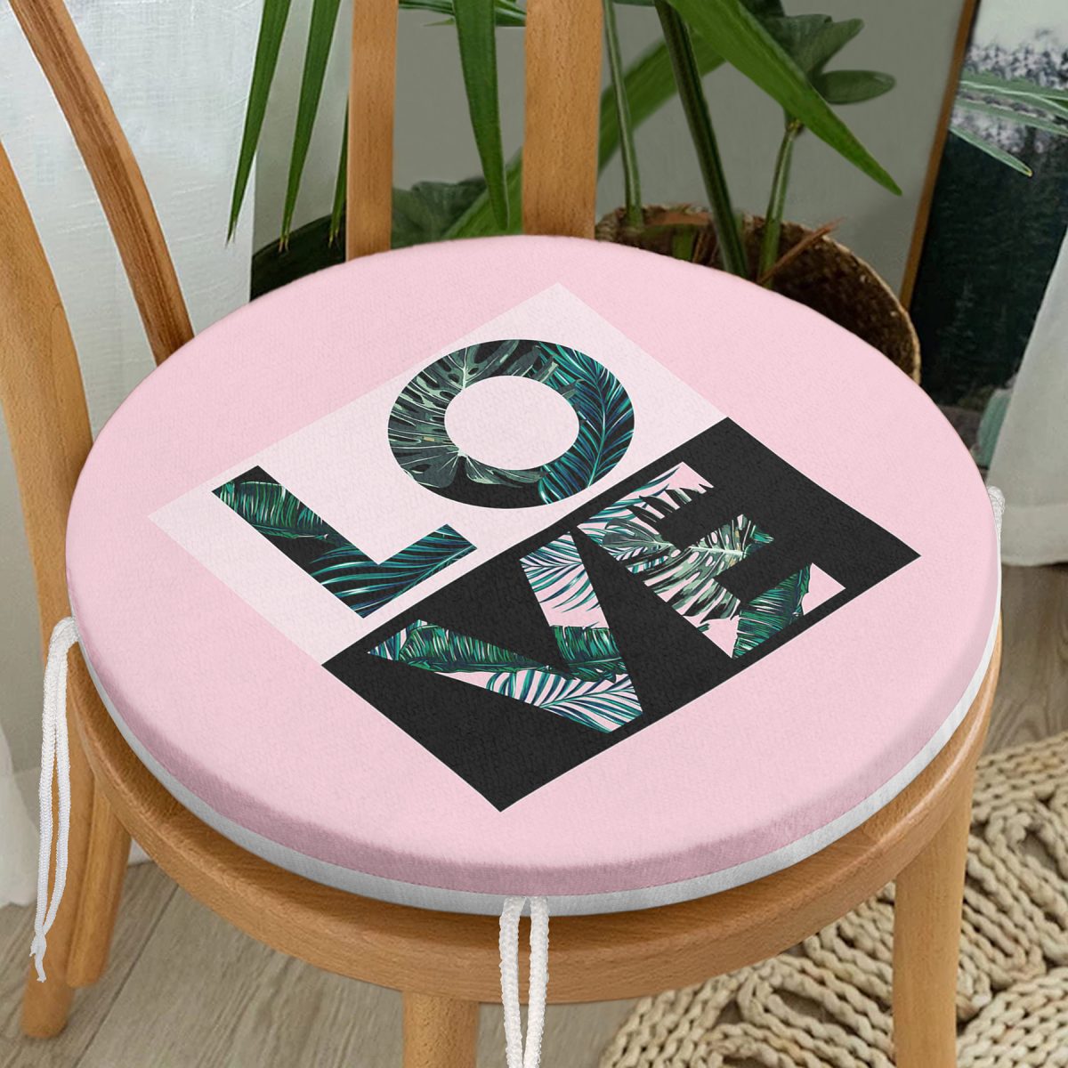 Love Yaprak Detaylı Özel Tasarım Yuvarlak Fermuarlı Sandalye Minderi Realhomes