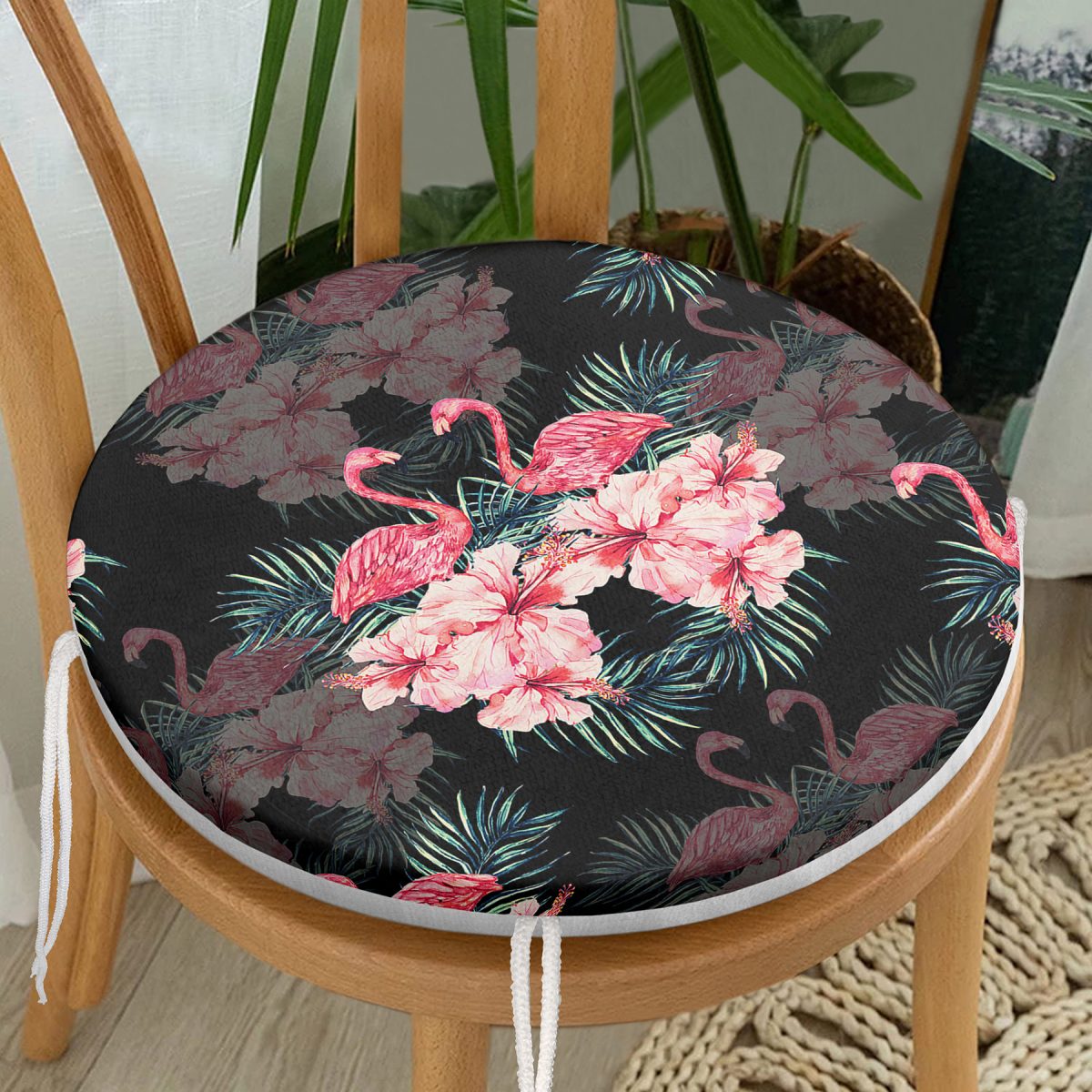 Siyah Zeminde Lilyum ve Flamingo Özel Tasarım Yuvarlak Fermuarlı Sandalye Minderi Realhomes