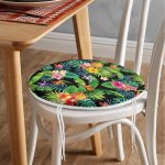 Siyah Zeminli Geometrik Yapraklar Desenli Yuvarlak Fermuarlı Sandalye Minderi Realhomes