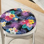 - RealHomes Yuvarlak Fermuarlı Minder - Realhomes Siyah Zeminde Rengarenk Çiçekler Tasarımlı Yuvarlak Fermuarlı Sandalye Minderi Realhomes