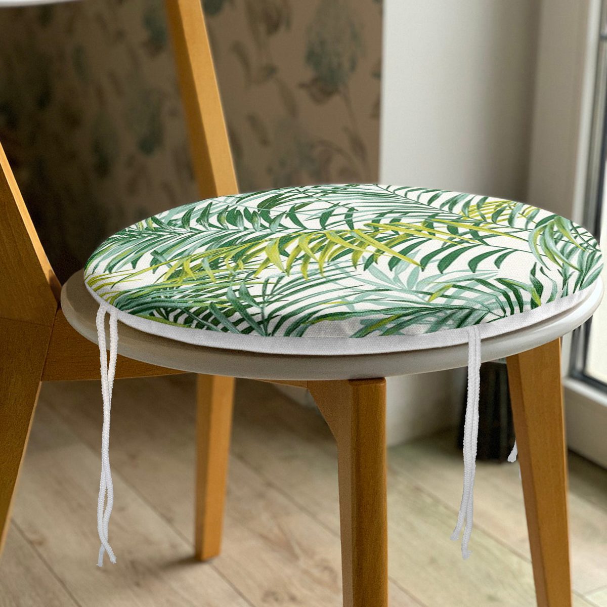 Yeşil Palmiye Yaprakları Özel Tasarımlı Yuvarlak Fermuarlı Sandalye Minderi Realhomes