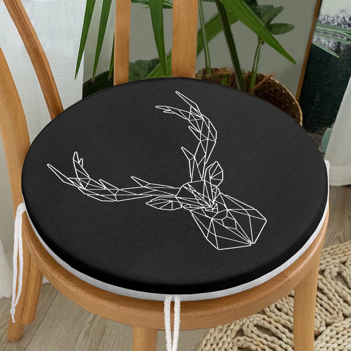 Siyah Zeminli Geometrik Geyik Çizimli Modern Yuvarlak Fermuarlı Sandalye Minderi Realhomes