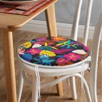 Siyah Zeminde Tropikal Bitkiler Dijital Baskılı Modern Yuvarlak Fermuarlı Sandalye Minderi Realhomes