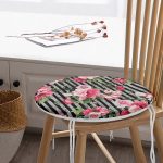 Çizgili Zeminde Rengarenk Çiçekler Dijital Baskılı Modern Yuvarlak Fermuarlı Sandalye Minderi Realhomes