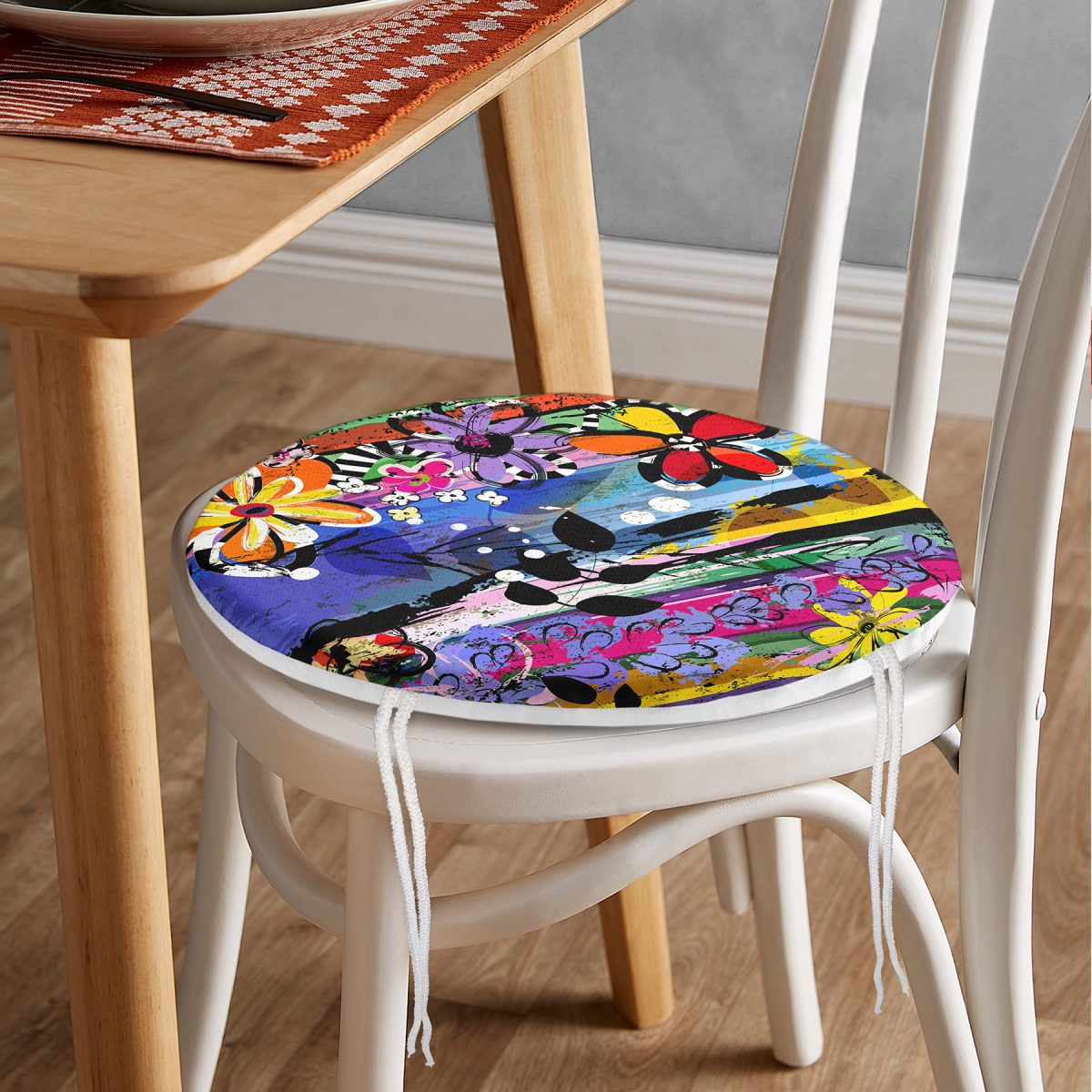Multi Color Özel Tasarım Dijital Baskılı Modern Yuvarlak Fermuarlı Sandalye Minderi Realhomes