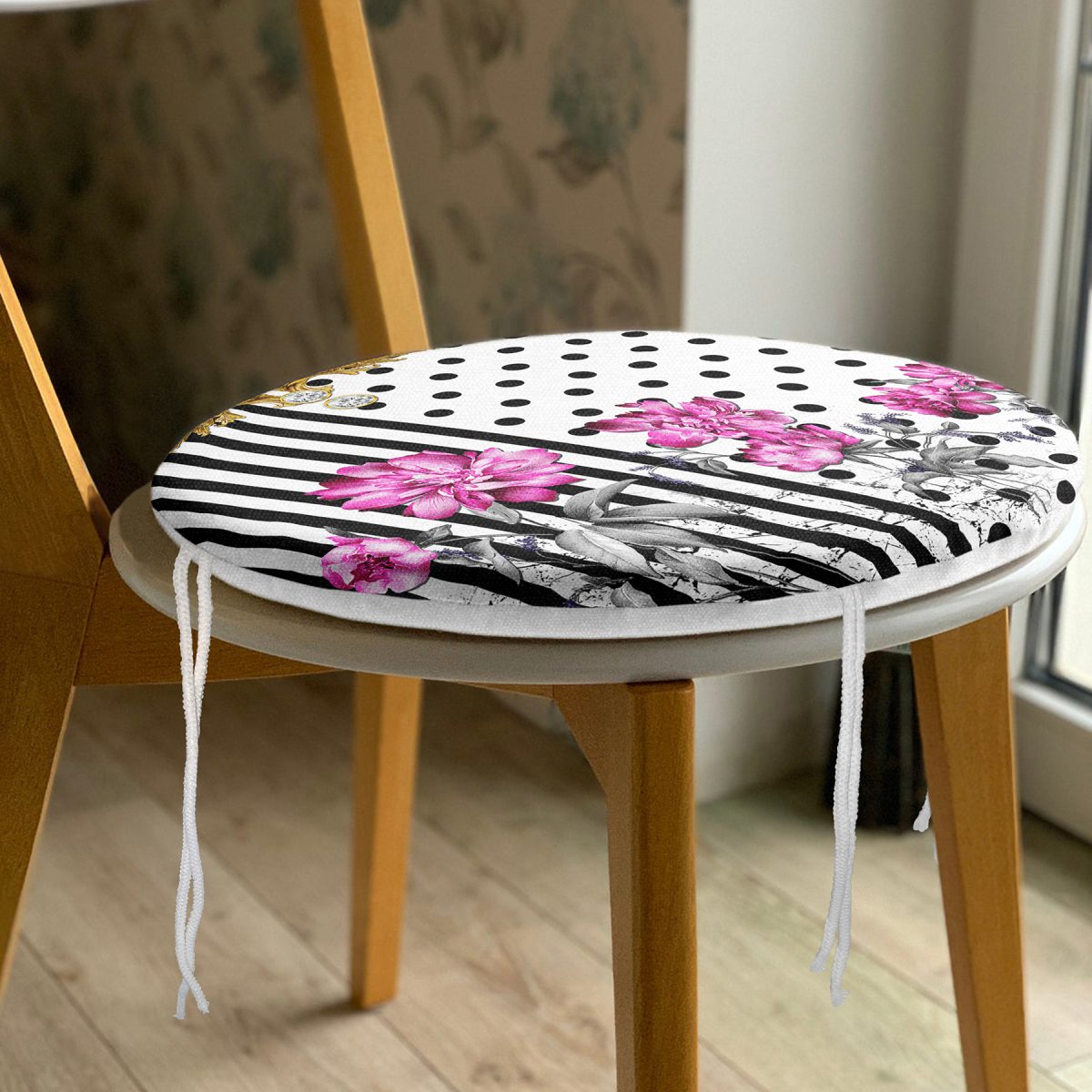 Çizgili Puanlı Zeminde Çiçek Desenli Özel Tasarım Dijital Baskılı Modern Yuvarlak Fermuarlı Sandalye Minderi Realhomes